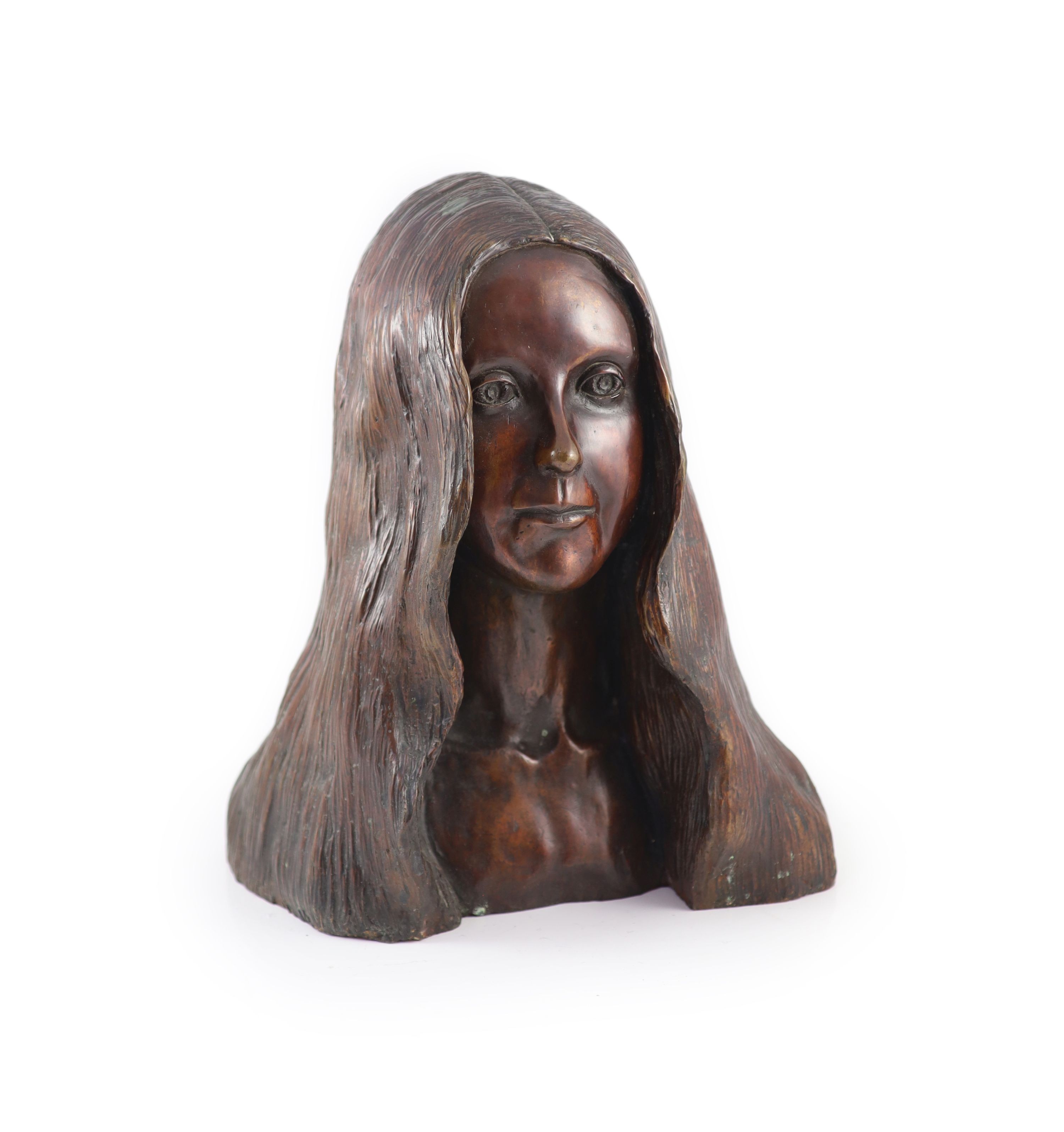 James Osborne (1940-1992), bronze, Head of a young woman with flowing hair H 36cm.